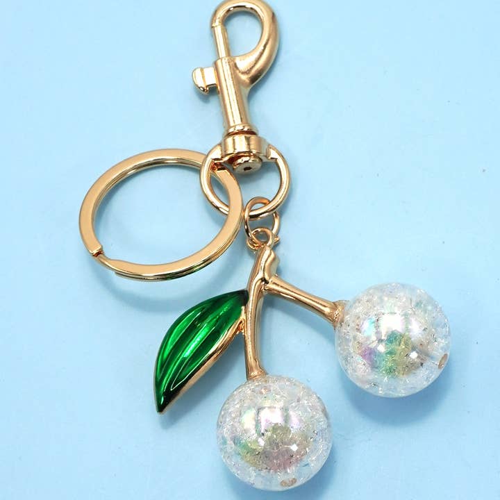 JOSSLYN by Wall to Wall Pearlie Cherry Drop with Leaf Keychain Bag Charm pearl