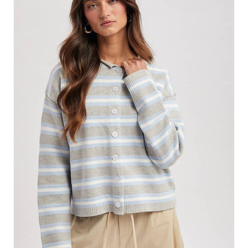 Wishlist Apparel Multi-Striped Button-Up Sweater Cardigan Heather Grey