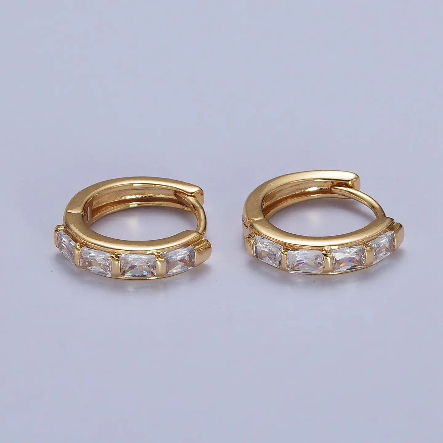 Aim Eternal 16K Gold Filled Baguette Cubic Zirconia Lined 13x14mm Huggie Hoops Earrings - Gold