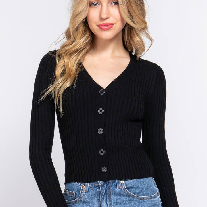 Active Basic Long Sleeve V-Neck Fitted Sweater Cardigan Black