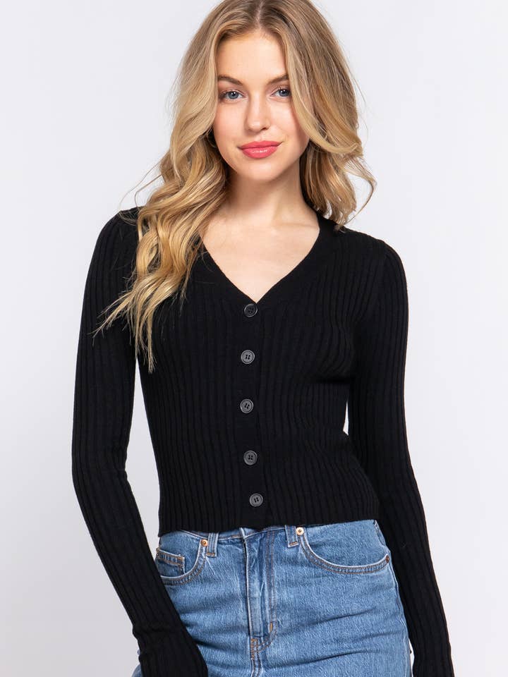 Active Basic Long Sleeve V-Neck Fitted Sweater Cardigan Black