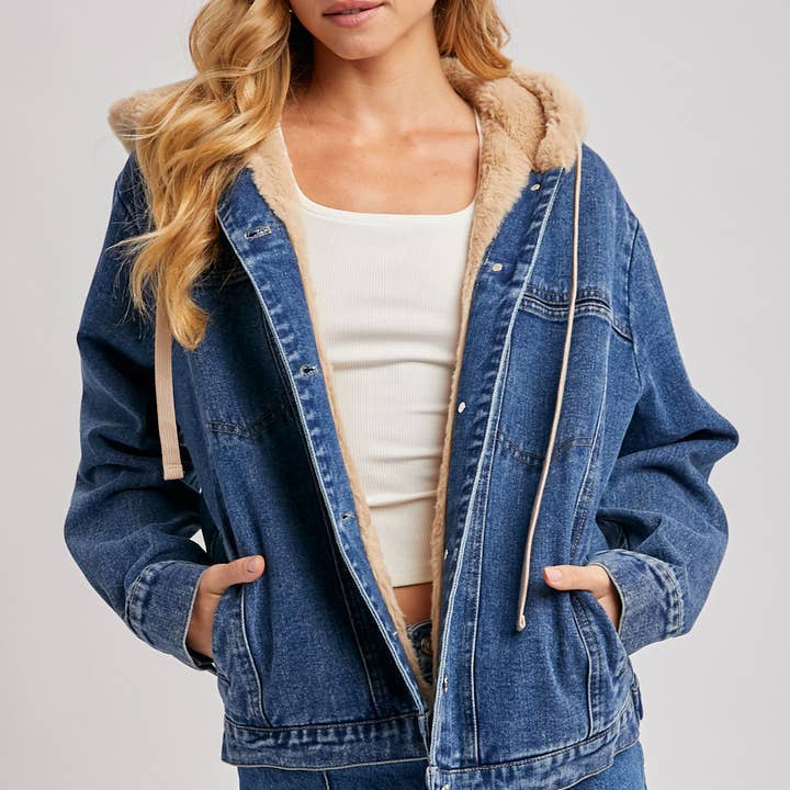 Bluivy Button Down Faux Fur Hooded Denim Jacket Dark Wash