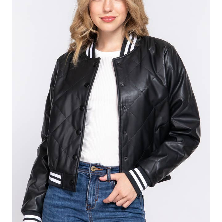 Active Basic Long Sleeve Quilted Pu Faux Leather Bomber Jacket