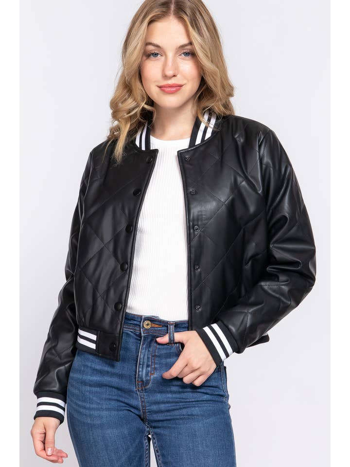 Active Basic Long Sleeve Quilted Pu Faux Leather Bomber Jacket