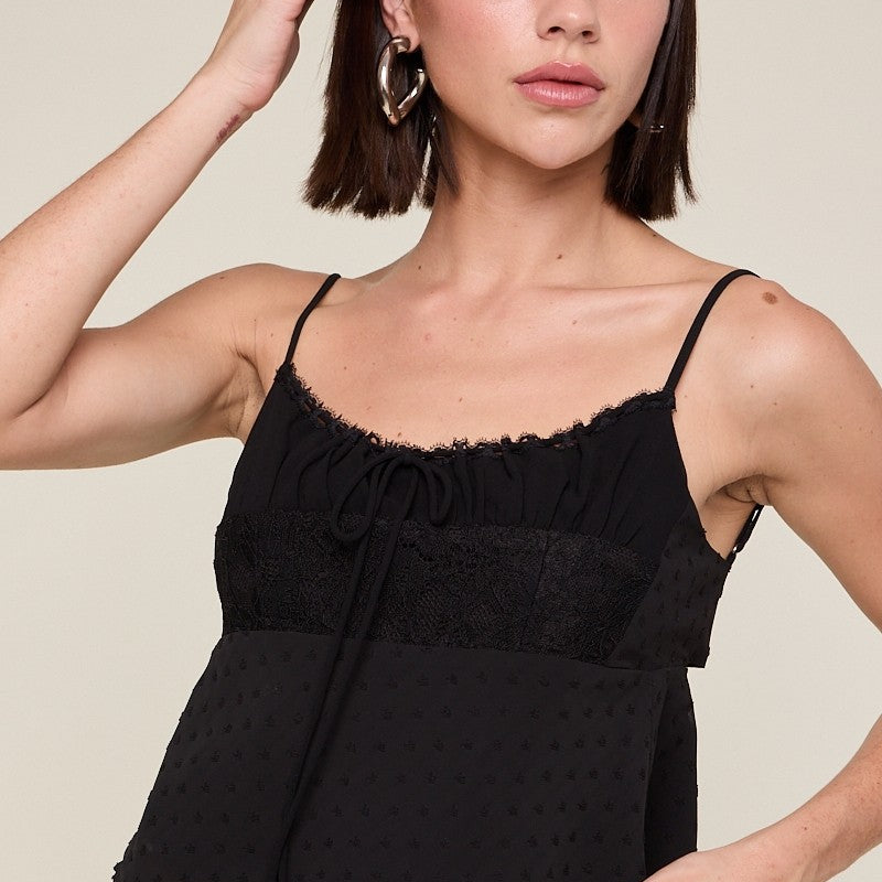 Golden Bryska Dot Lace Bust Double Back Ties Cami Crop Top - Black