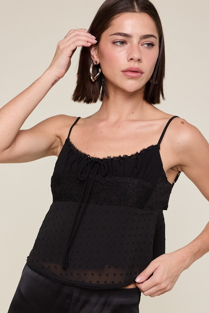 Golden Bryska Dot Lace Bust Double Back Ties Cami Crop Top - Black