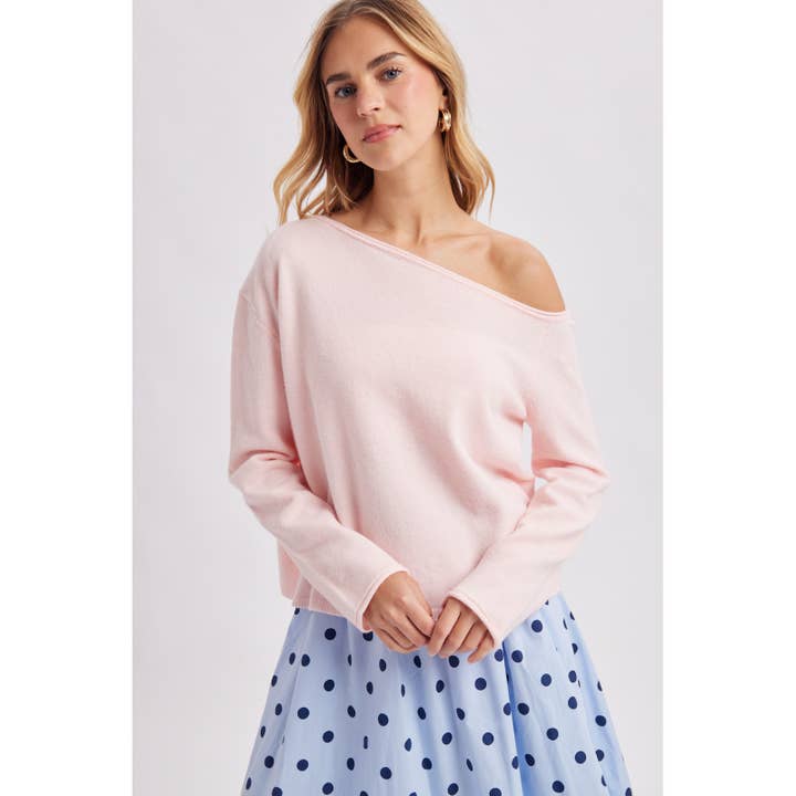 Wishlist Apparel One Shoulder Relaxed Knit Sweater Top Pink