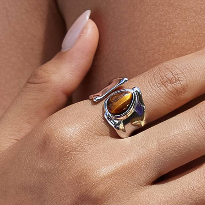 Flanerie by MAIQ Jaspe Silver Non-Tarnish Tiger Eye Statement Ring by Flanerie by MAIQ