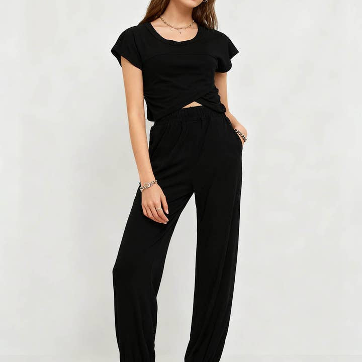 Sweetkama Ladies Solid Color Crop Top and Pants Set