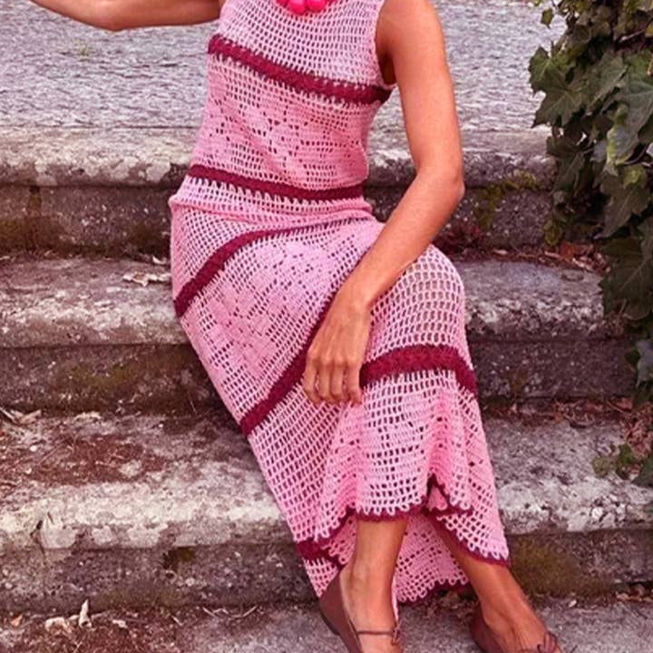Rosa Clothing Color Block Striped Crochet Floral Dress by Rosa Clothing
