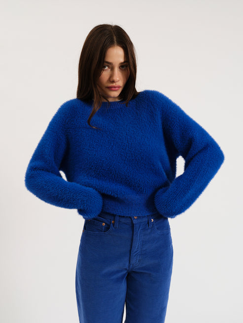 Daze Denim Fuzz Crewneck Eyelash Sweater - Cobalt