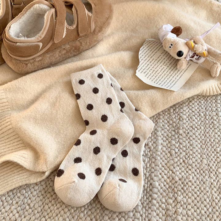 Dipped Shop Color Block Thicken Polka Dot Socks Beige