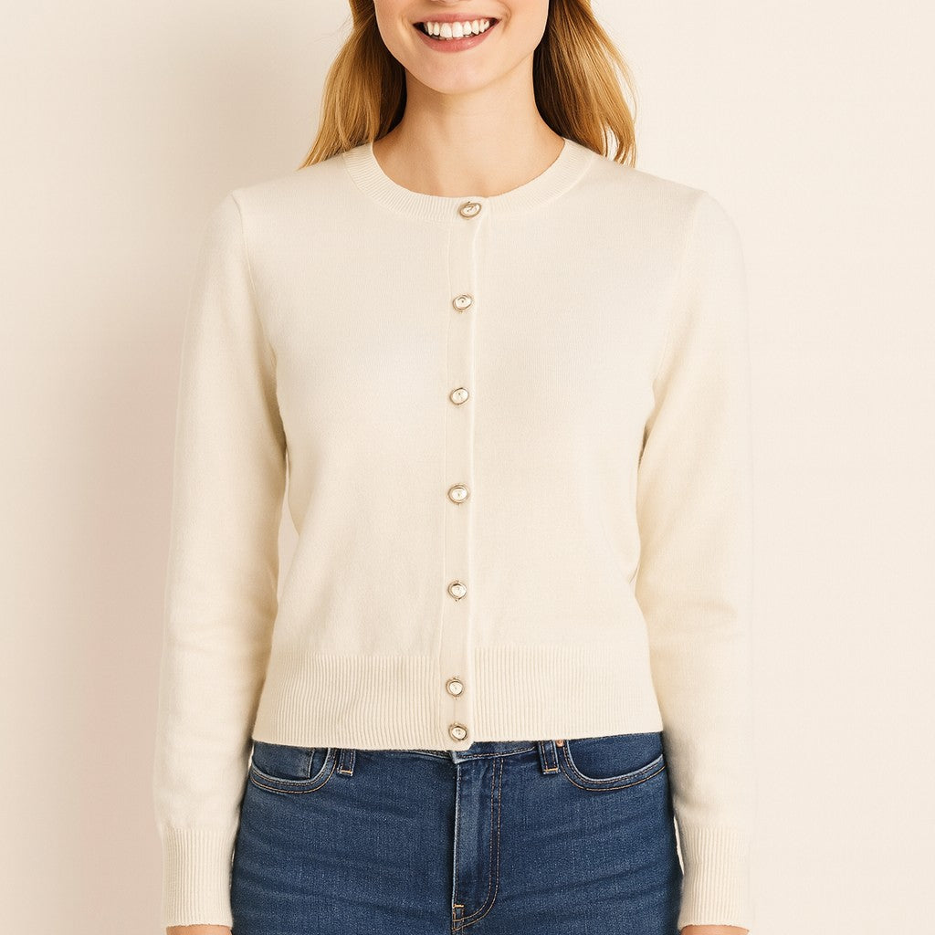 GOLDEN Fiona Heart Button Crewneck Cardigan Oatmeal