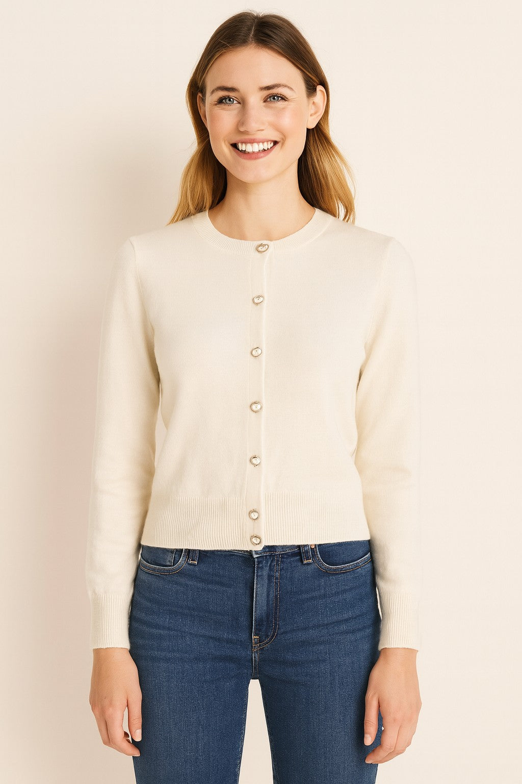 GOLDEN Fiona Heart Button Crewneck Cardigan Oatmeal