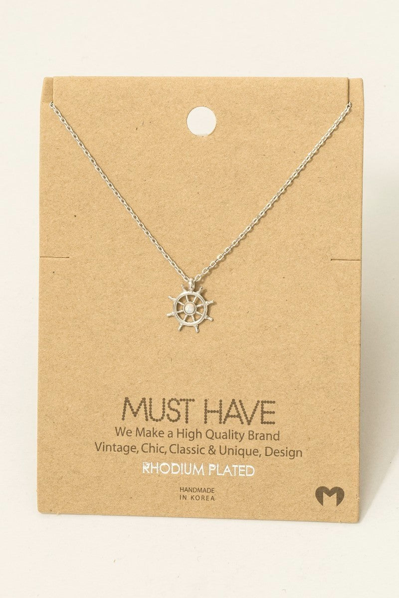 GOLDEN Gold Dipped Opal Stud Ship Wheel Pendant Necklace Silver