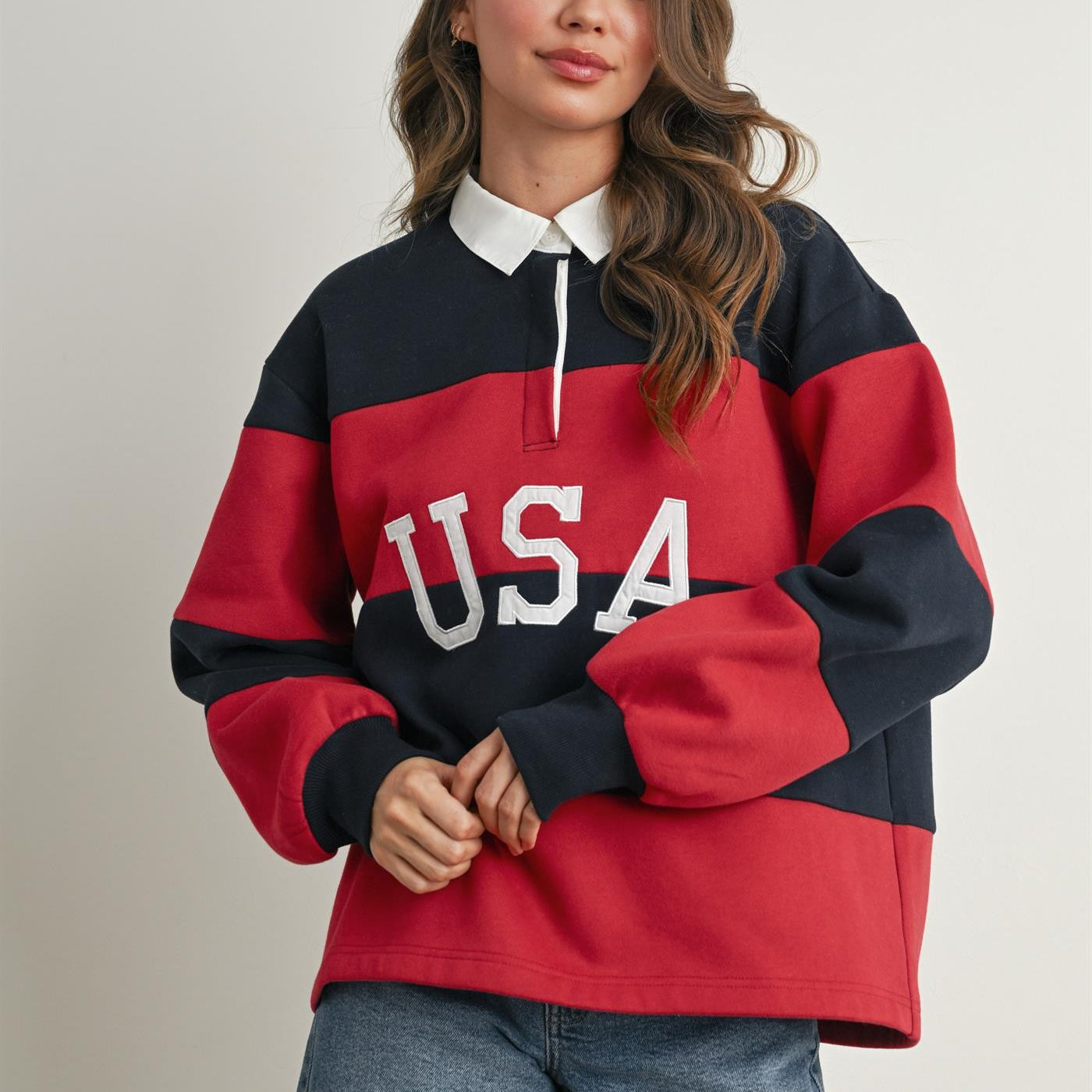 GOLDEN Isadora Striped Collared Long Sleeve Top Navy Red