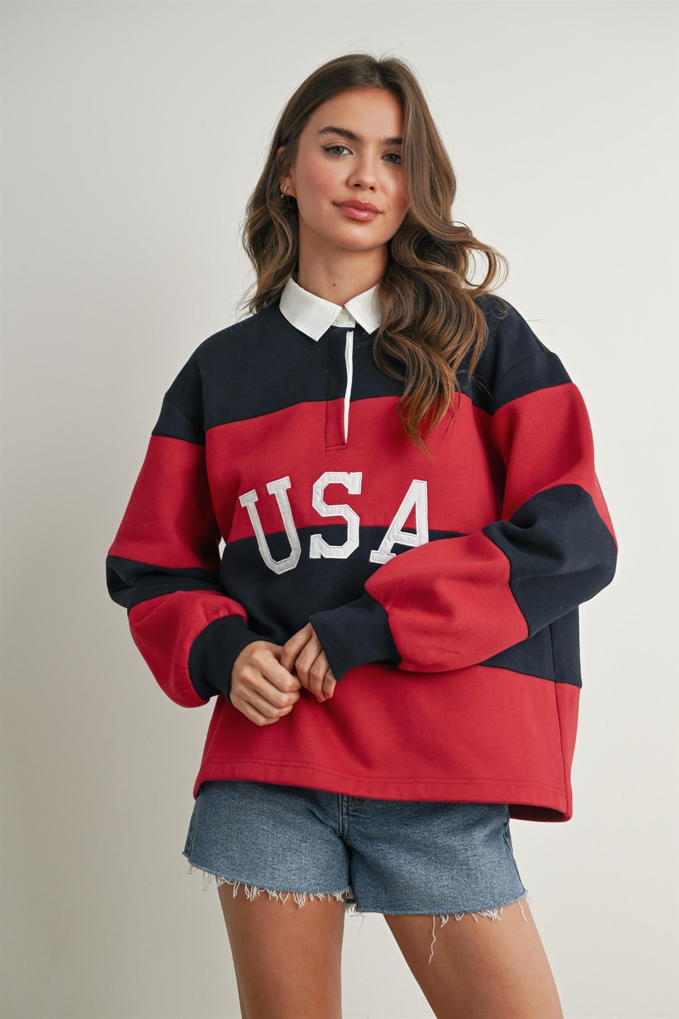 GOLDEN Isadora Striped Collared Long Sleeve Top Navy Red