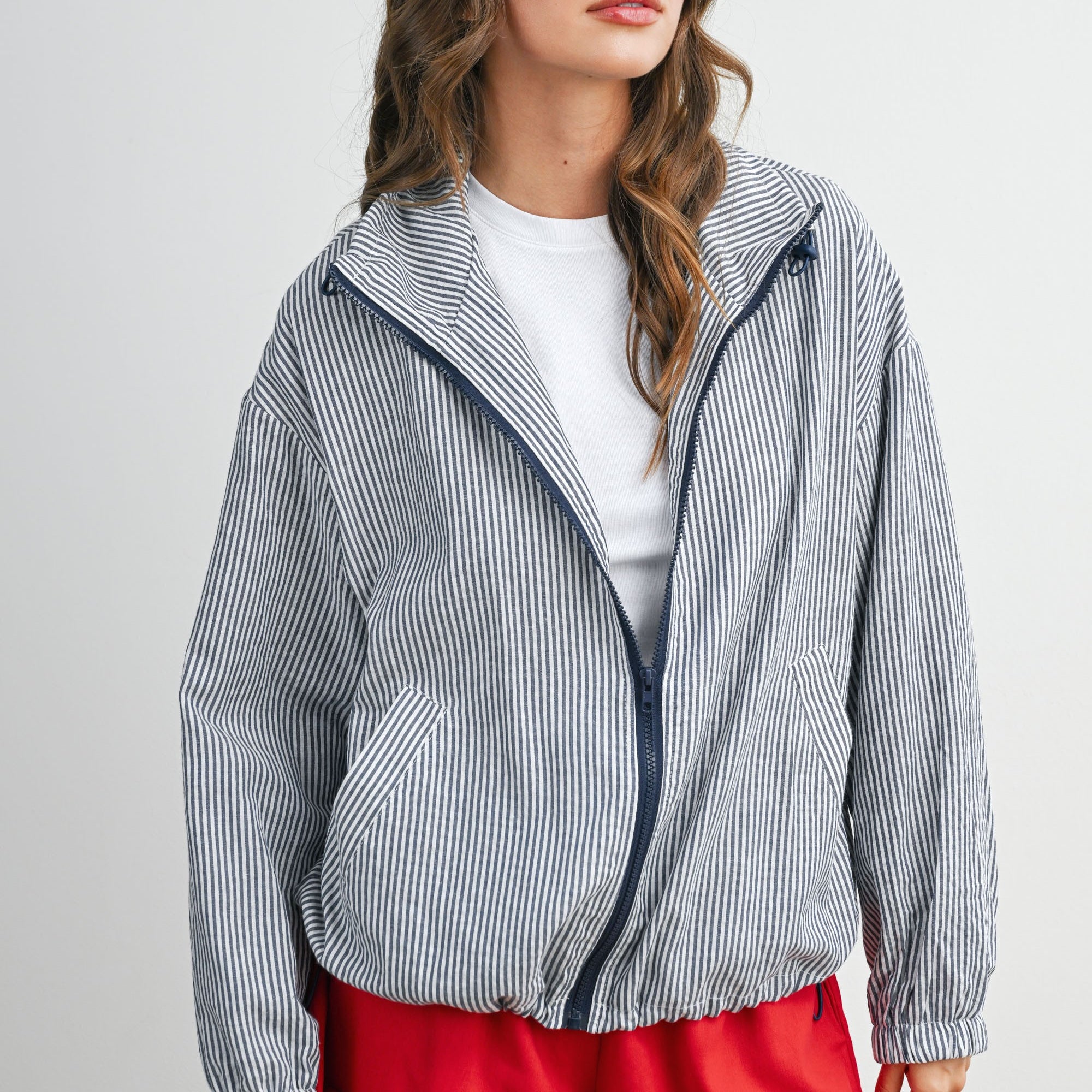 GOLDEN Isolde Striped Collared Zip-front Drawstring Jacket Navy