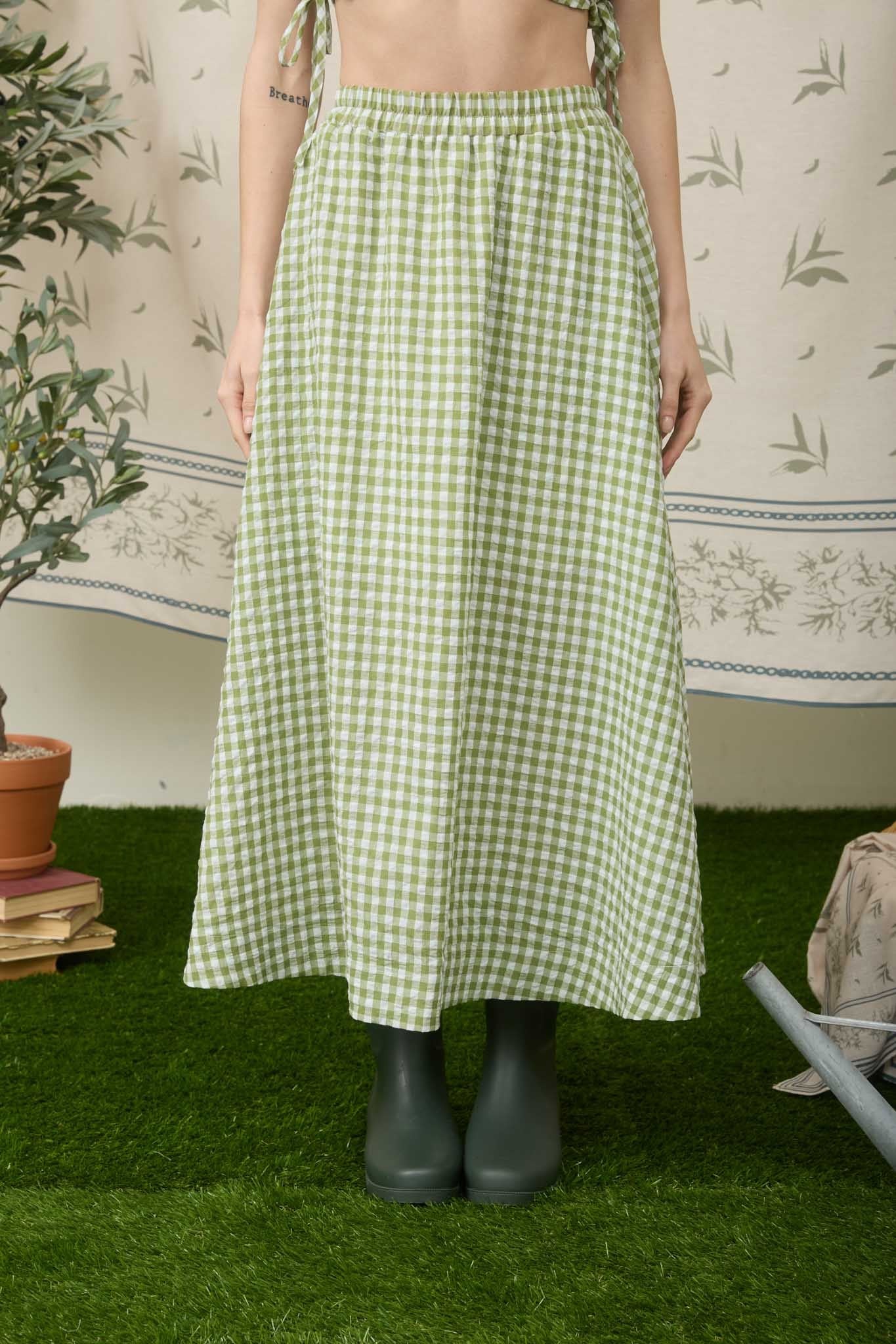 GOLDEN Kimora Gingham Elastic Waist Midi Skirt Green
