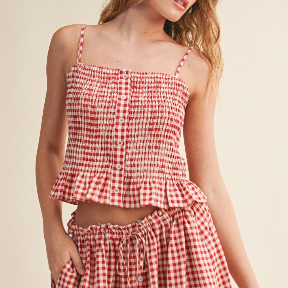 GOLDEN Minka Gingham Button Front Smocking Top