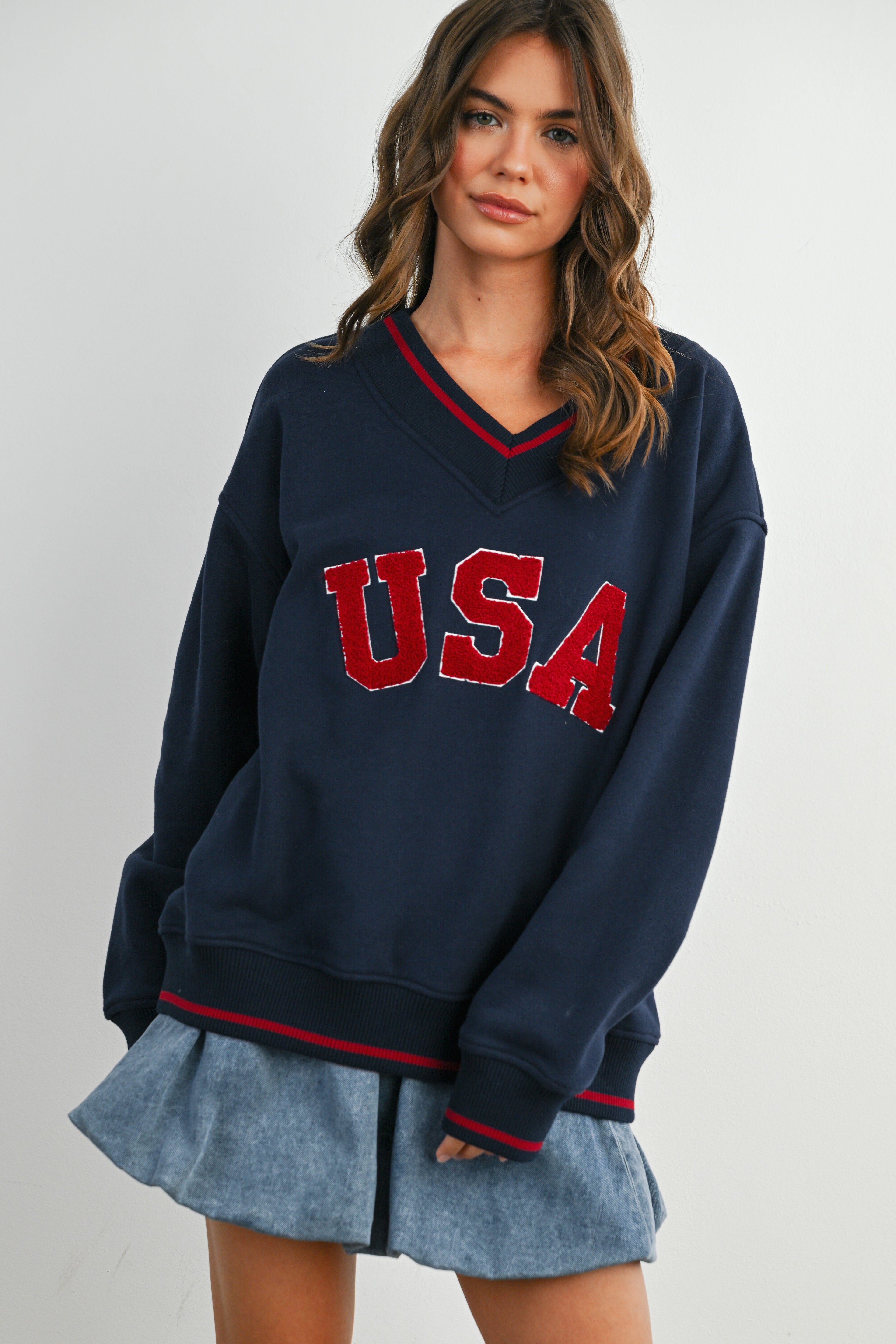 GOLDEN Pepper Crew Neck Graphic Long Sleeve Top Navy Multi