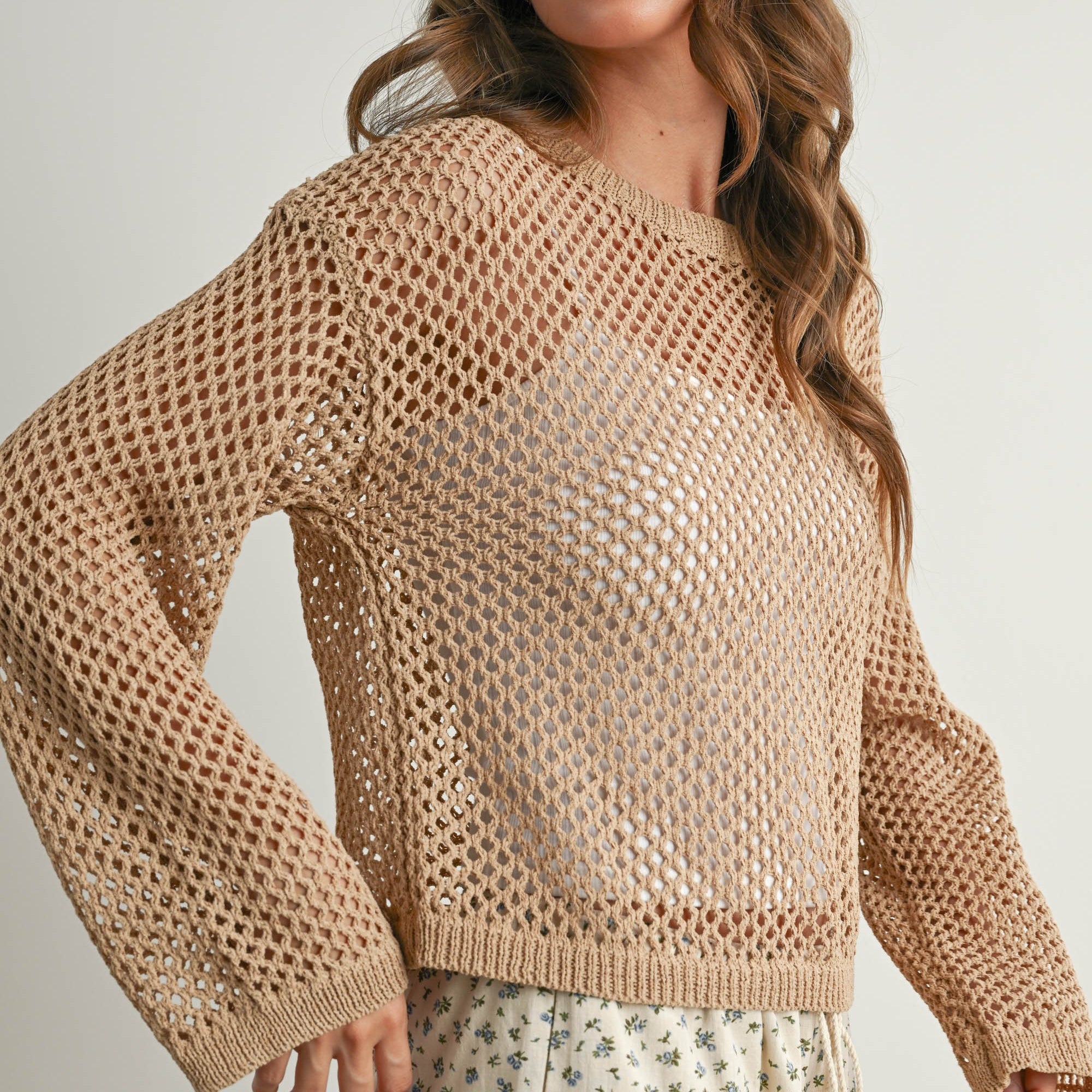 GOLDEN Vesper Long Sleeve See Through Top Taupe