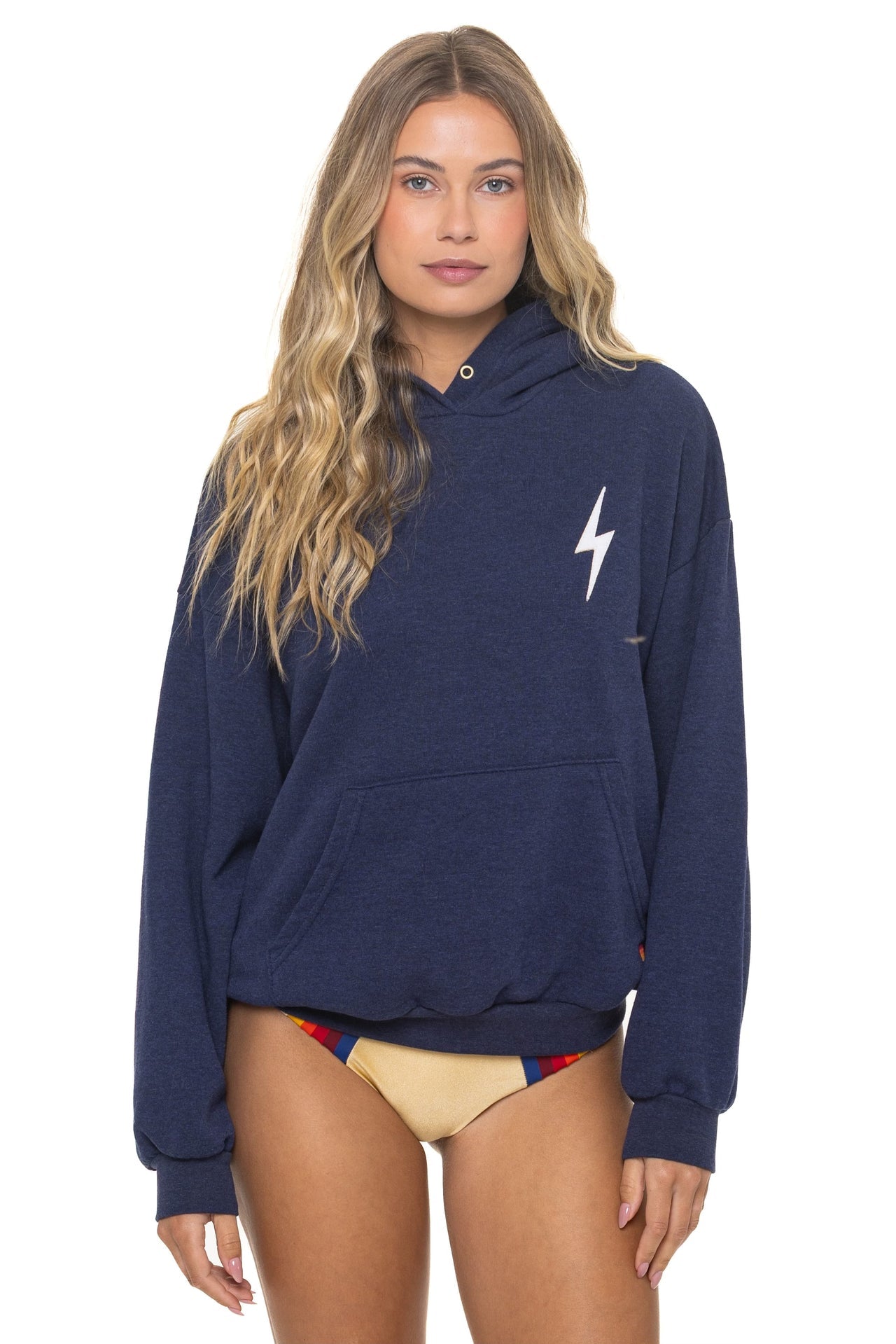 Aviator Nation Bolt Stitch Pullover Hoodie Relaxed in Navy White