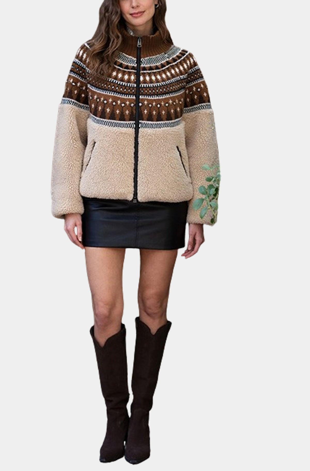 Moon River Fairisle Sherpa Knit Contrast Jacket by Moon River