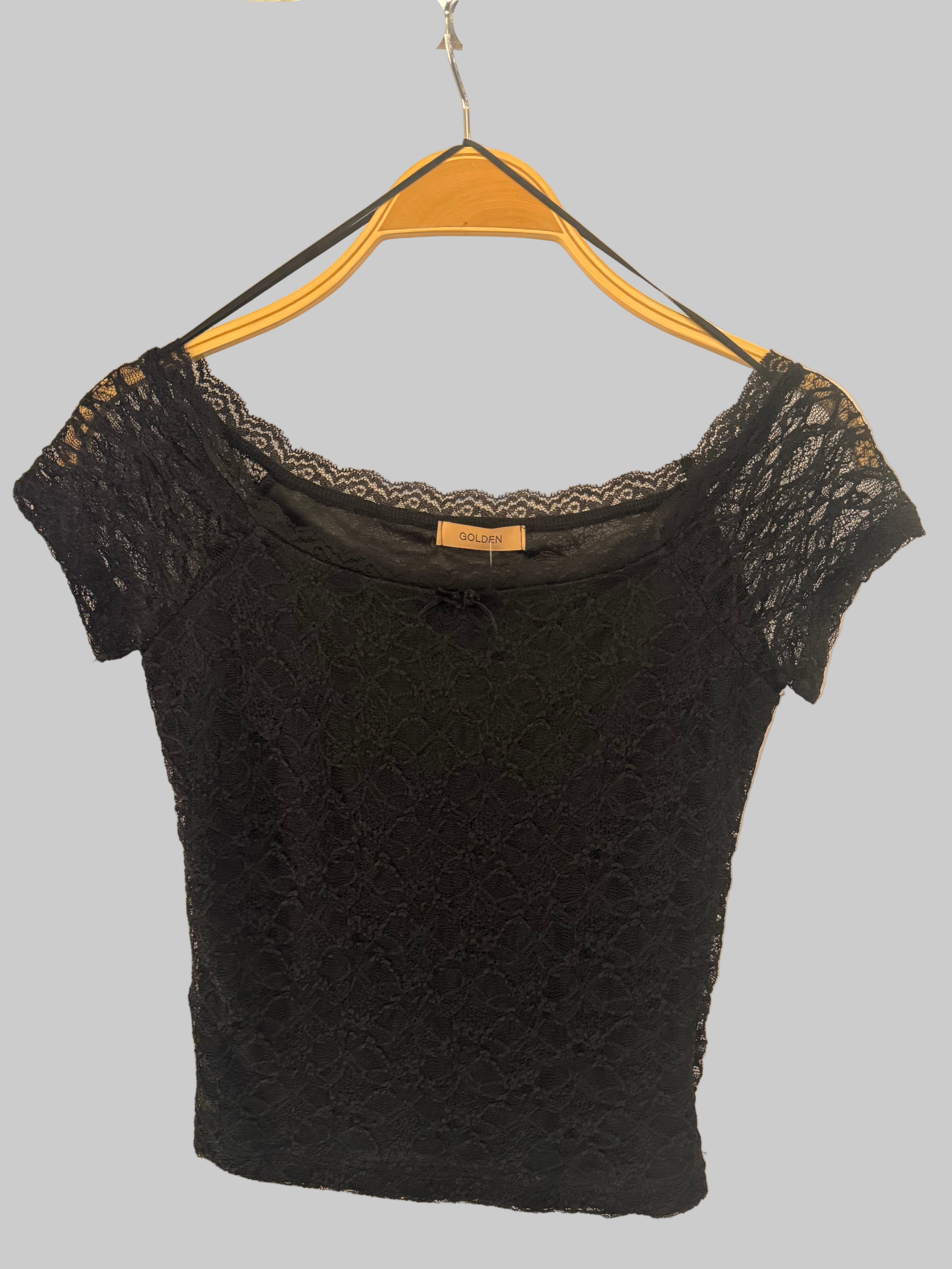 GOLDEN Lillis Lace Front Bow Short Sleeve Knit Top Black