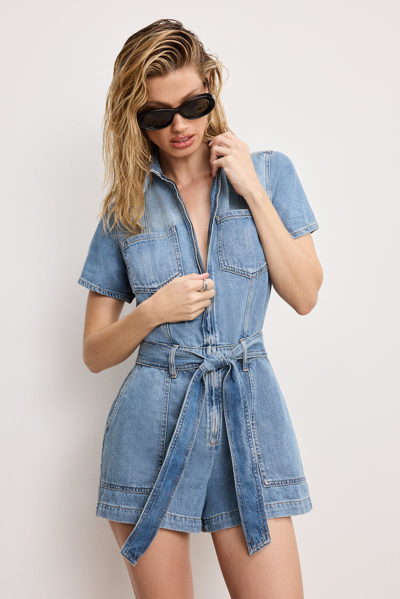 Good American Fit For Success Lite Linen Denim Shorts Romper - Indigo786