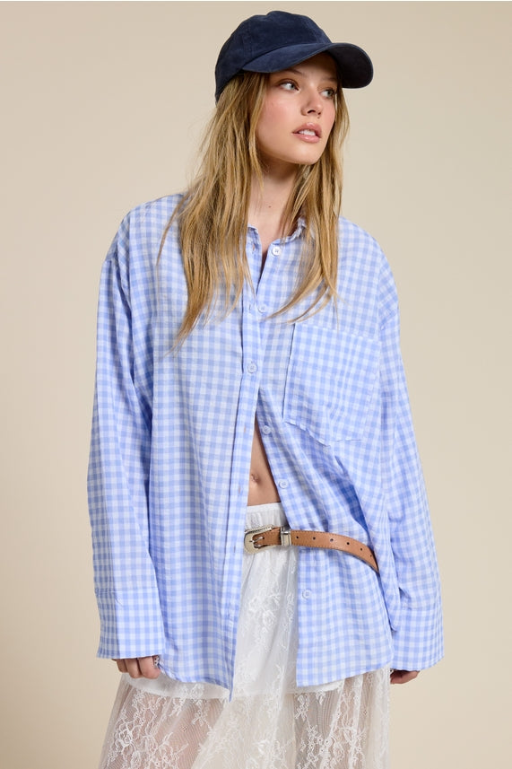 Mimosa Oversized Gingham Button Down Shirt light Blue