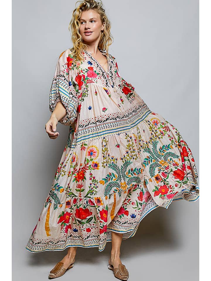 Pol Clothing Boho Deep V-Neck Floral Balloon Sleeve Long Dress