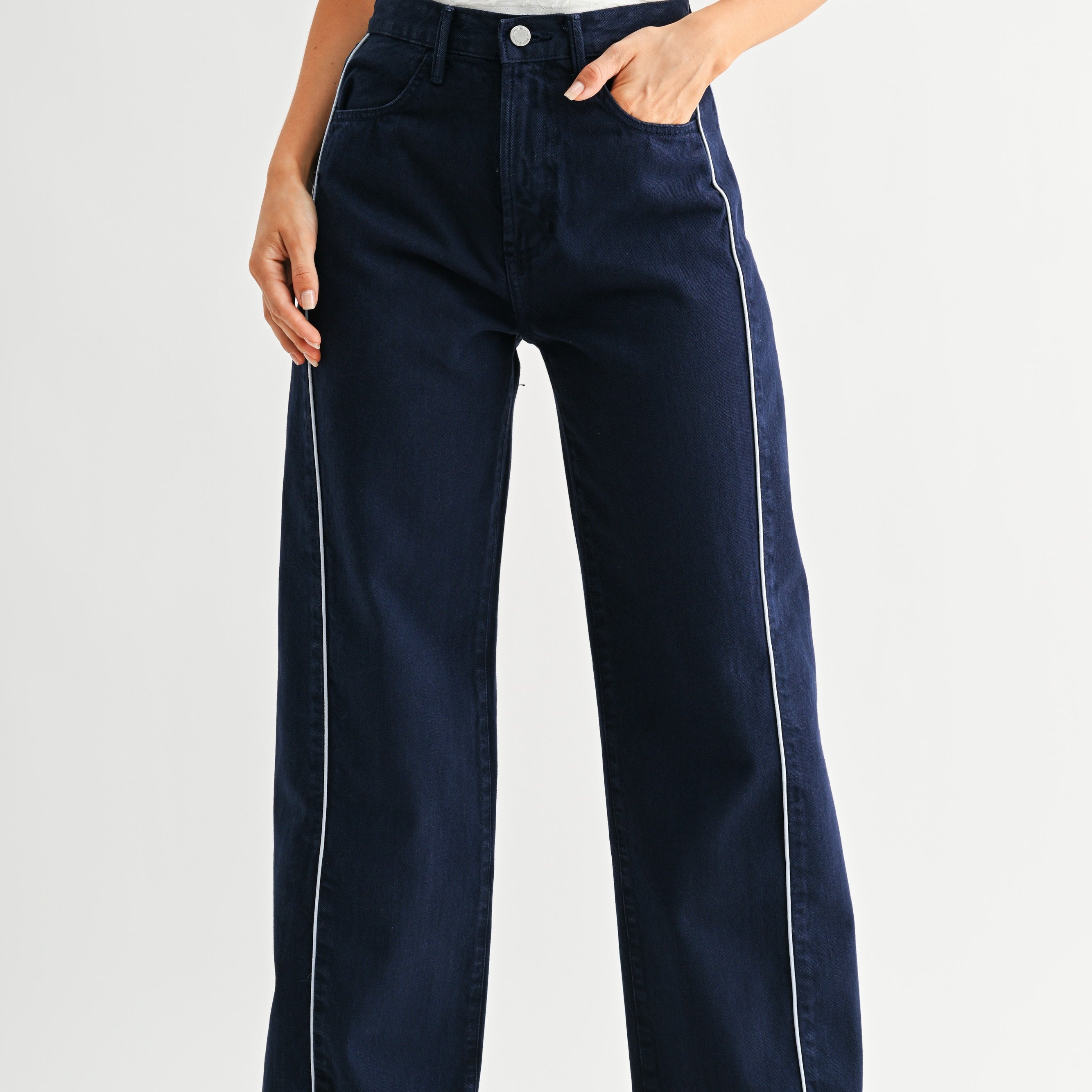 SJG Annalise Denim Barrel Jean with Side Stripe in Navy