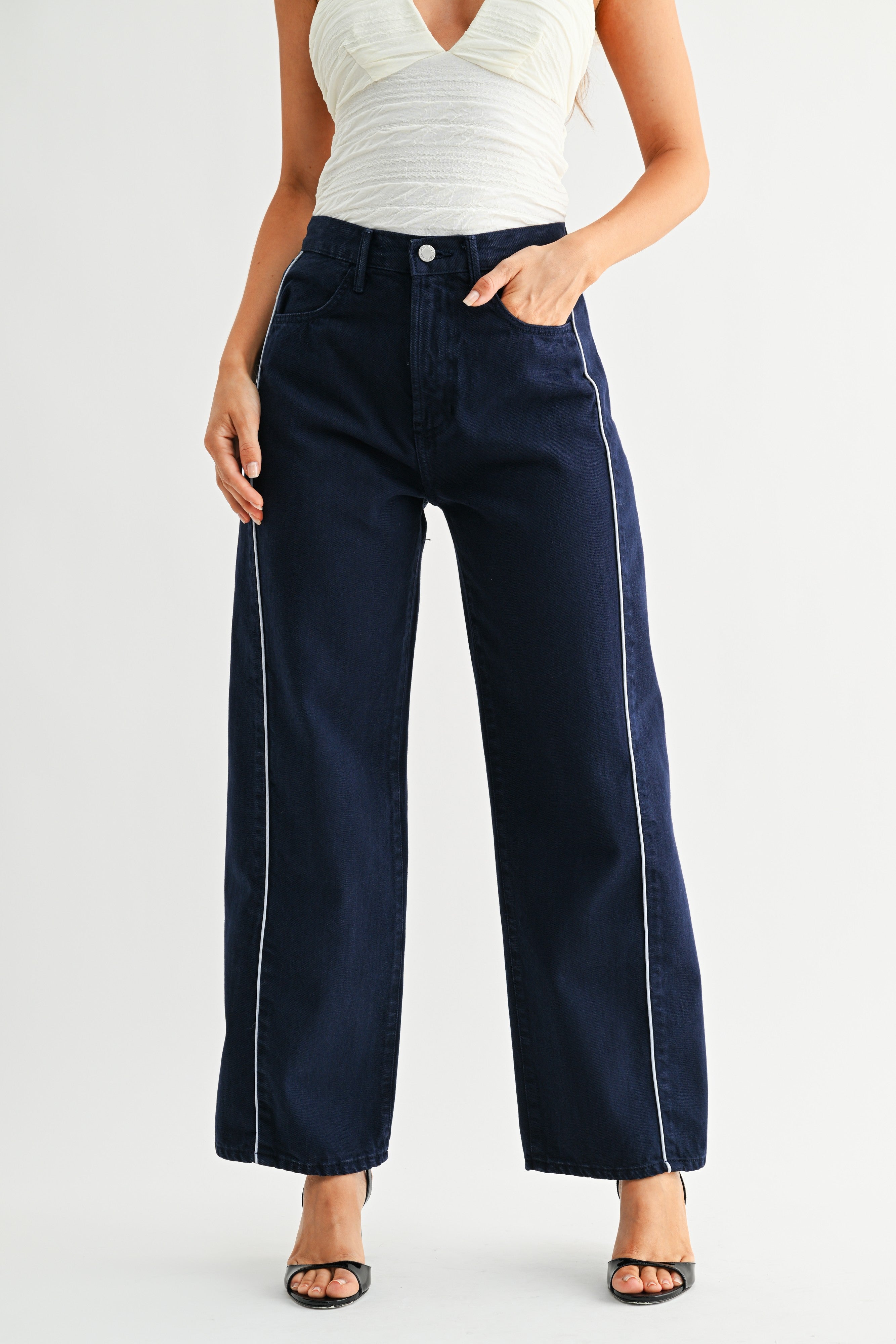 SJG Annalise Denim Barrel Jean with Side Stripe in Navy