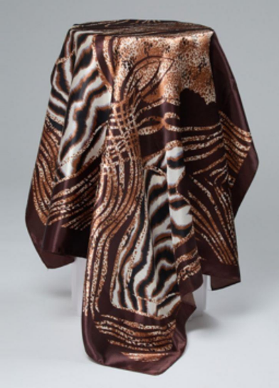 YAZ. Animal Print Satin Border Silky Bandana Square Scarf Brown