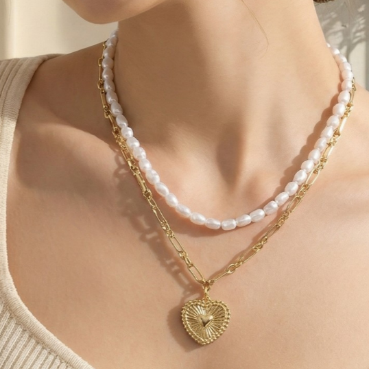 GOLDEN Heart Pendant Layered Pearl Beads And Chain Necklace by GOLDEN