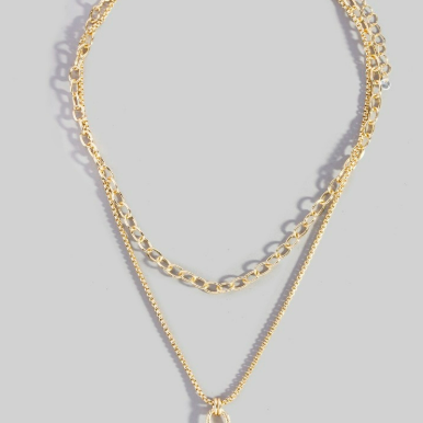 GOLDEN Double Layered Chain Crystal Square Pendant Necklace Emerald