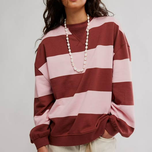 Free People Classic Stripe Crew Wide Strawberry WIne