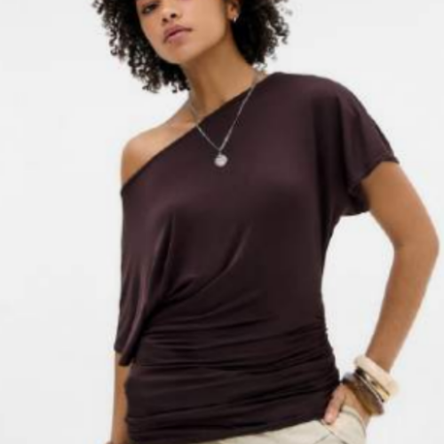 BDG Slash Neck Ruched Top Brown