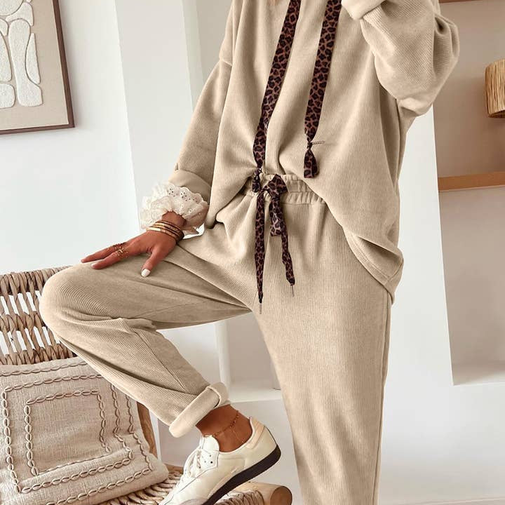 Suhkasana Parchment Leopard Drawstring Pullover Hoodie and High Waist Pants Corduroy Suit