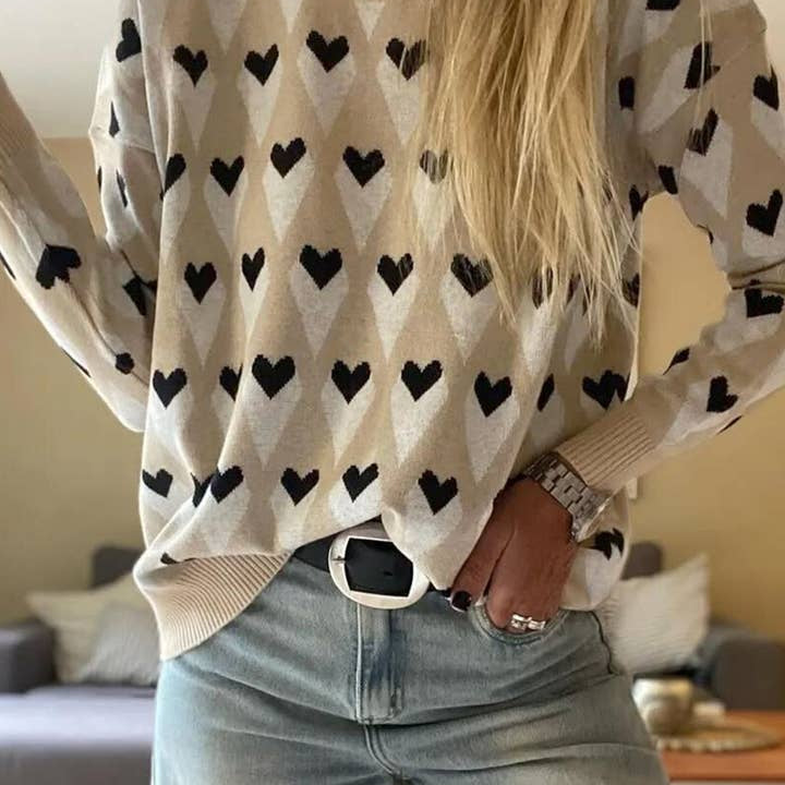 Suhkasana Valentine Heart Print Cozy Knit Loose Fit Sweater