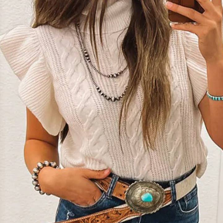 Suhkasana Western Cable Knit Turtleneck Ruffle Sleeve Sweater