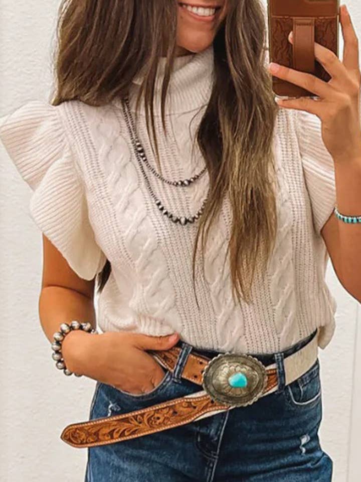 Suhkasana Western Cable Knit Turtleneck Ruffle Sleeve Sweater