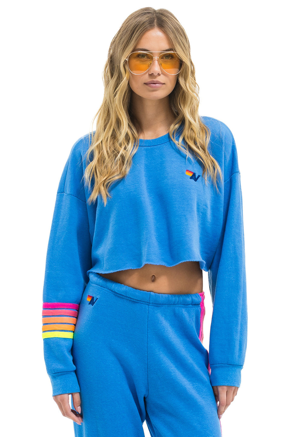 Aviator Nation Rugby Stitch Cropped Crew Sweatshirt Relaxed - Cobalt/Neon