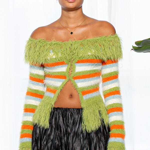 YAZ. Zuri Off Shoulder Striped Shaggy Fringed Cardigan