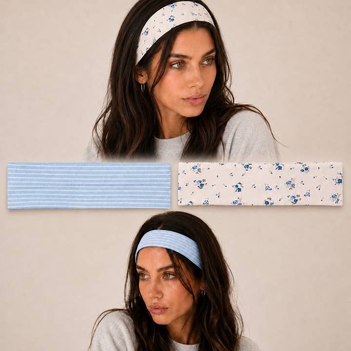 JOSSLYN by Wall to Wall Blue Stripe & Vintage Floral Printed Headband Set | 40HWP602 by JOSSLYN by Wall to Wall