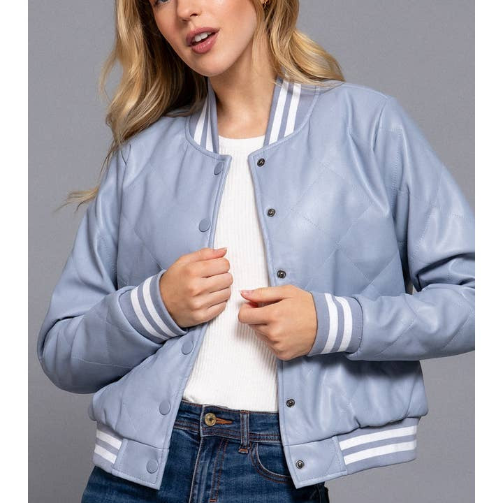 Active Basic Long Sleeve Quilted Pu Faux Leather Bomber Jacket blue