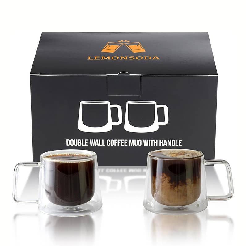 Lemonsoda Double Walled Glass Coffee Drink Mug with Handle 8.5oz (Set of 2) by Lemonsoda