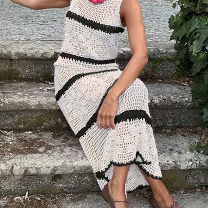 Rosa Clothing Color Block Striped Crochet Floral Dress by Rosa Clothing