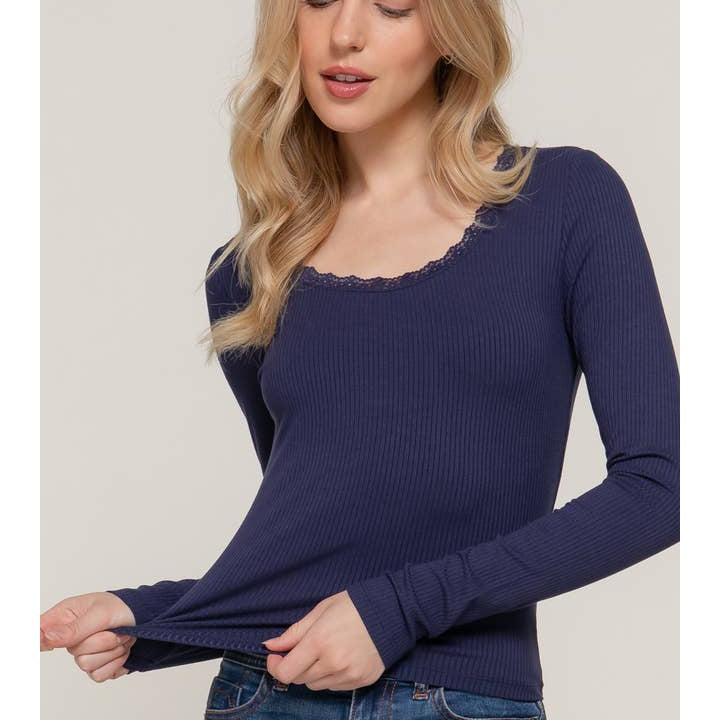 Active Basic Long Sleeve Scoop Neck with Lace Trim Rib Knit Top